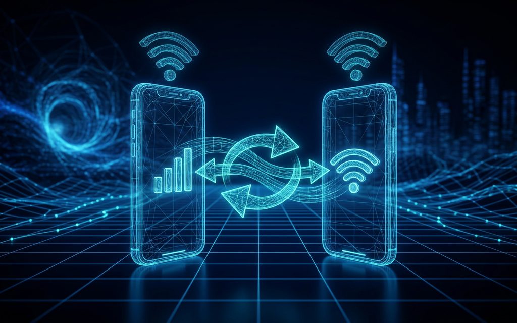 Ilustración tecnológica: dos teléfonos trazados con líneas de luz azul intercambiando conexión, con flechas y señales de Wi-Fi