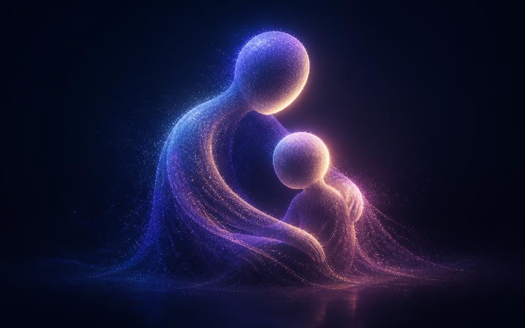 Ilustración abstracta de dos figuras de luz que se acompañan