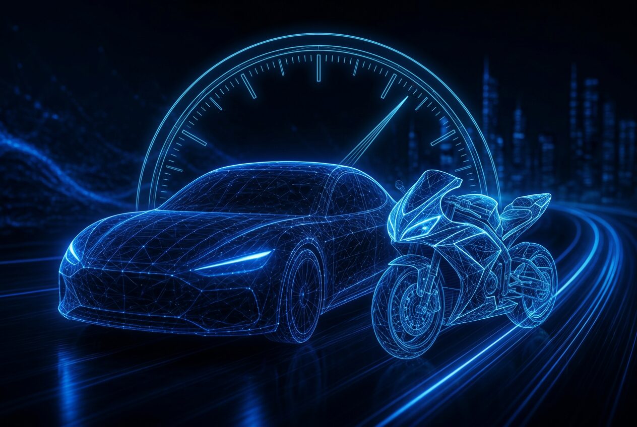 Ilustración de movilidad: un automóvil y una motocicleta trazados con líneas de luz azul frente a un velocímetro luminoso